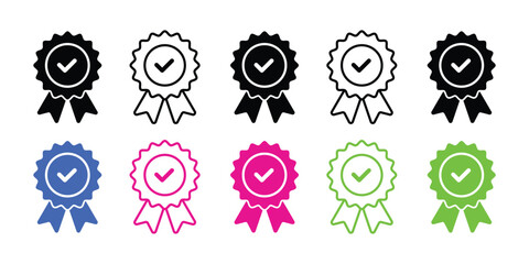 A vector set of ribbon badge icons with check marks. Includes black, blue, pink, and green colors, in solid and outline styles. Perfect for guarantee, quality, award, and verification.