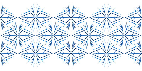 Blue white Christmas background of snowflakes. Winter seamless border of snowflakes. Winter background classic style in blue colors. Unusual Christmas decor