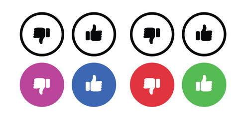 A vector set of Thumbs Up and Thumbs Down icons in various colors (blue, red, green, purple, black). Ideal for social media, voting systems, feedback, user ratings, and web buttons.