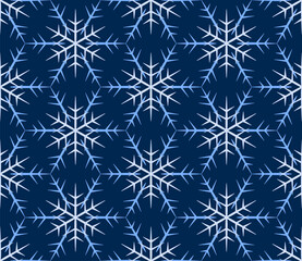 Blue white geometric background of snowflakes on dark blue background. Winter geometry seamless pattern. Snowflakes with six sharp rays. Traditional Christmas decor.
