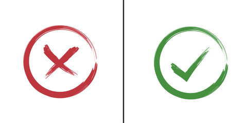 Hand-Drawn Check Mark and X Icon Set: Brushstroke, Grunge Tick, Cross Symbols