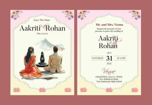 Romantic indian wedding save the date invitation with couple on swing