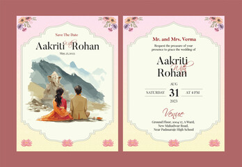 Obraz premium Romantic indian wedding save the date invitation with couple on swing