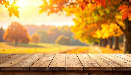 Autumnal Splendor - A Wooden Table Overlooking a Vibrant Fall Landscape.