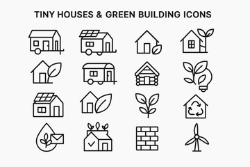 Tiny Houses and Green Building Icons &ndash; Eco Home and Sustainable Architecture Line Set