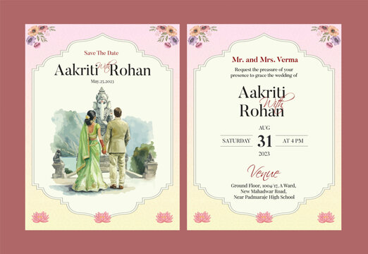 Romantic indian wedding save the date invitation with couple on swing - Powered by Adobe