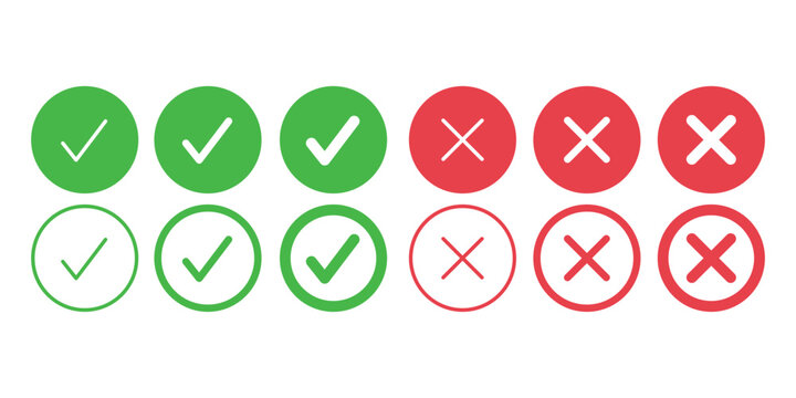 Correct and Incorrect Choices: A set of ten circular symbols, a vibrant display of green check marks alongside red X symbols, representing both validation and rejection in a modern visual manner.