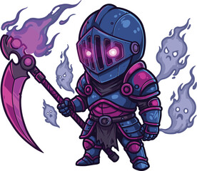 Dark Armored Knight Holding Glowing Purple Scythe Surrounded by Ghostly Spirits in Supernatural Fantasy Battle Scene