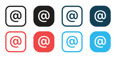 E-mail Icon Variations: Eight variations of the at symbol, or email icon, are presented in various colors and designs, perfect for digital communication.