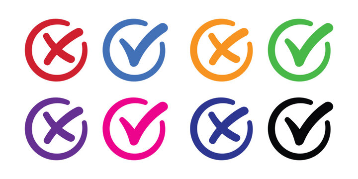 Checks and Crosses: A vibrant array of checkmarks and crosses in various colors, symbolizing choices, decisions, and options.