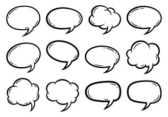 Fototapeta premium A collection of twelve handdrawn speech bubbles isolated on transparent background, each with a unique shape and style, perfect for adding a conversational element