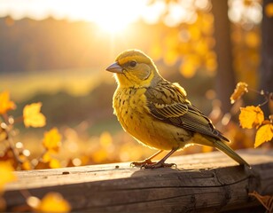 Golden Finch Perched on Wood in Autumn Sunlight.