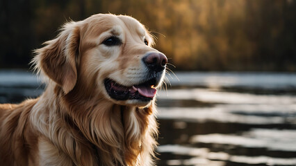 Obraz premium Golden Retriever dog portraits outdoors with warm sunlight, happy pet expressions, and natural backgrounds showing friendly and loyal canine companion moments