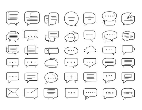Array of various speech bubbles, sketched outline style, against a white background - Powered by Adobe