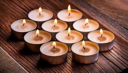 tealight candles arranged on wooden surface