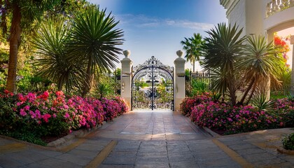 lush garden entrance with ornate wrought iron gates vibrant flowers and palm trees inviting visitors into a serene outdoor space surrounded by elegant architecture