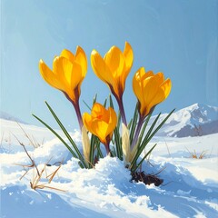 Yellow Crocuses Blooming Through Snow - A Sign of Springs Arrival.