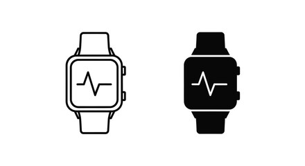Smartwatch Heart Rate Monitor Icon Set: Outline and Solid Glyph Style Vector