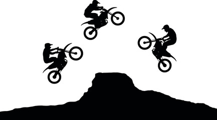 Naklejka premium Motocross rider performs a jump over a dirt obstacle in a silhouette illustration.