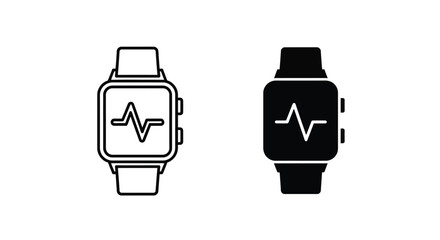Smartwatch Heart Rate Monitor Icon Set: Outline and Solid Glyph Style Vector