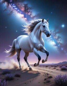幻想的な夜空の下疾走する馬