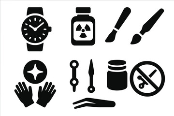 Fototapeta premium Luminous Watch Crafting. Solid style icons of Luminous Dial Crafting: Watch Face, Radium Paint, Brush, Glow, Clock Hands, Jar,