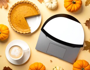 Cozy Autumn Workspace - Pumpkin Pie, Coffee, and Laptop.