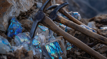 Detailed photograph of minersâ tools beside glowing mineral clusters, the light from the ores reflecting metallic tones of silver and teal across a rocky surface
