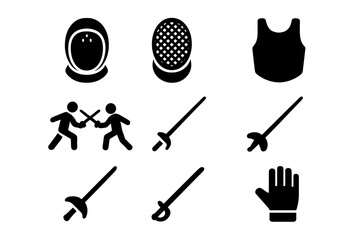 Historical Fencing Icons. Solid style icons of Historical Fencing Gear: Mask, Mesh, Bib, Duel, Foil, Épée, Sabre, Glove, No text,