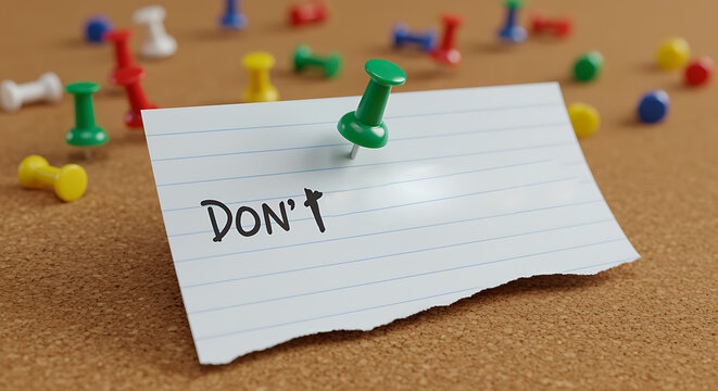 A green thumbtack pins a note that says dont to a corkboard