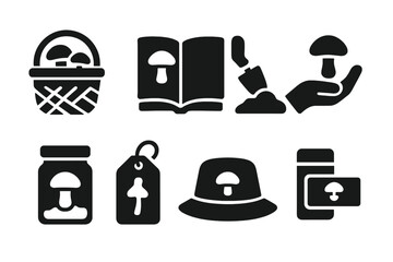 Human-Fungi Interaction Icons. Solid style icons of human-fungi interaction: Foraging Basket, Field Guide Book, Spade in Soil,