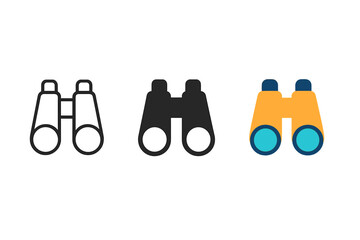 Binoculars Icon Series. Minimalist binoculars icon: three identical binocular icons in a row, first in line style with thin