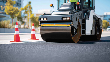 Close-up of an asphalt roller compressing newly laid pavement, yellow safety vest reflections gleaming on the metal surface and cones marking the work zone