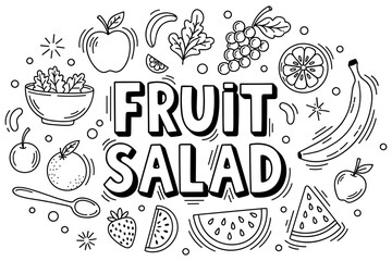 Black and white fruit salad coloring page with various fruits and bowl