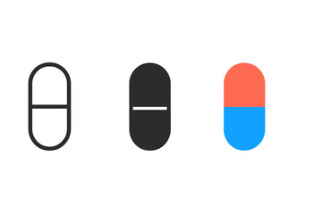 Minimalist Pill Icons. Minimalist pill icon: three identical capsules split in half with line in the middle in a row, first in