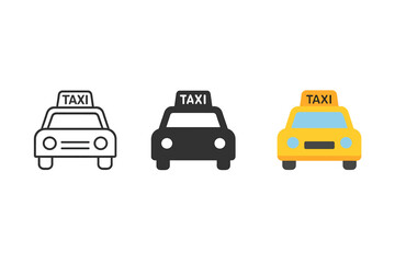 Minimalist Taxi Icons. Minimalist taxi icon: three identical taxi car icons in a row, first in line style with thin outline,