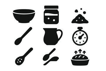 Kitchen Fermentation Icons. Solid style icons of Kitchen Fermentation: Ceramic Bowl, Jar of Starter, Flour Dust, Wooden Stirrer,