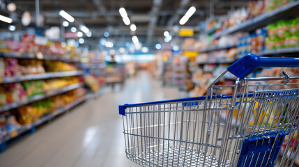 Close-up of shopping cart basket with scattered grocery items, behind it long shelves filled with cereal boxes, snacks, and household goods