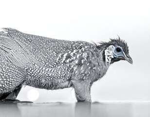 Guinea fowl in water, close-up, detailed plumage, wildlife.