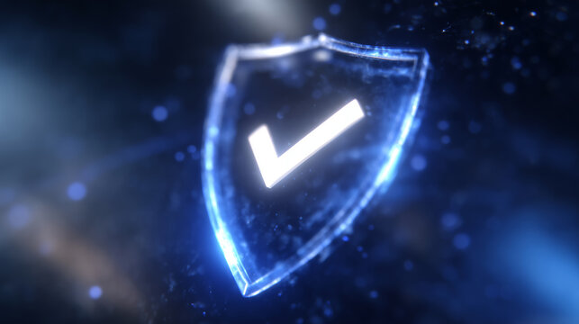 Minimalist composition with a sleek glowing shield emitting neon blue light, surrounded by particle haze, clean white checkmark glowing within - Powered by Adobe