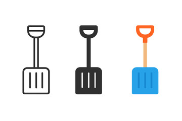 Minimalist Snow Shovels. Minimalist snow shovel icon: three identical snow shovel icons in a row, first in line style with thin