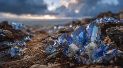 Close-up of iridescent blue crystals embedded in rough dark soil, dramatic moody sky above reflecting subtle light on each facet, symbolizing tech-critical minerals