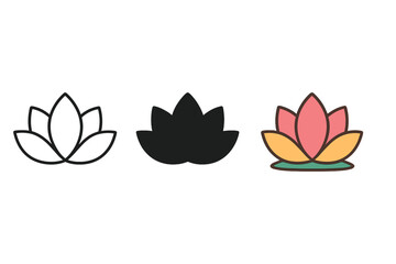 Lotus Icon Styles. Minimalist mindfulness icon: three identical lotus flower icons in a row, first in line style with thin outline