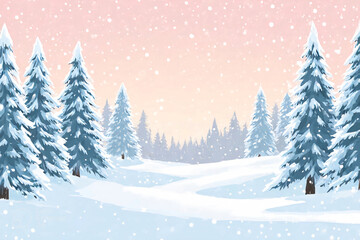 A serene winter landscape illustration.Snow-covered pine trees create a dense forest with gentle snowflakes falling.