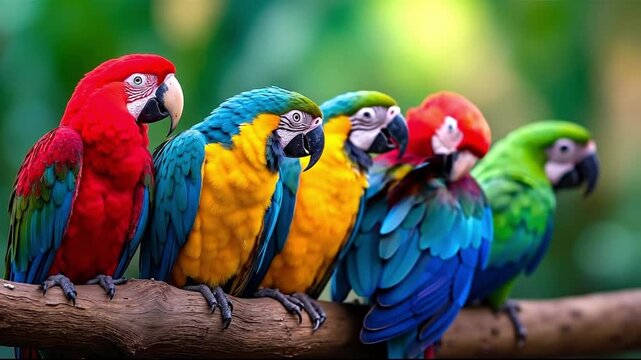 A group of colorful parrots sitting on a tree branch