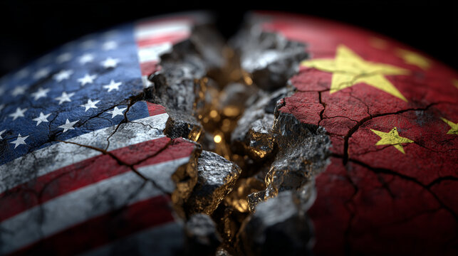 Dramatic close-up of the US and China flags facing each other, a cracked globe with metallic ores between them symbolizing critical raw material tensions