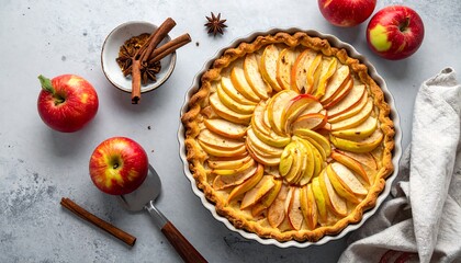 Delicious homemade apple pie with cinnamon sticks and fresh apples.