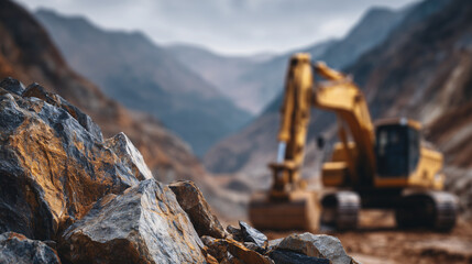 Detailed close-up of mined elements like lithium, cobalt, and rare earth metals, industrial mining equipment in soft-focus background, copy space for modern technology themes