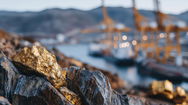 Close-up composition of critical metallic minerals with reflective textures, mining shafts and industrial structures softly blurred behind, copy space for text overlay
