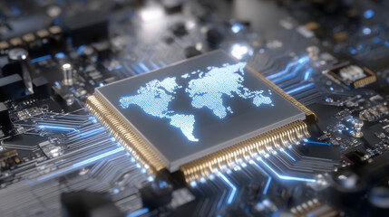 Detailed top-down view of a CPU with world map lines glowing along its circuitry, ultrafine soldered elements and neon accents symbolizing global semiconductor trade